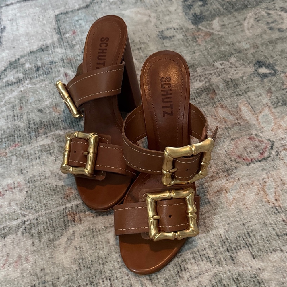 SCHUTZ Brown Sandals with Gold Buckles